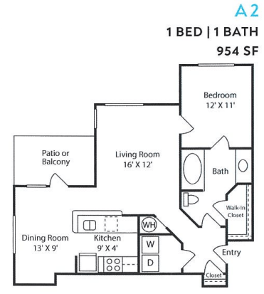 Floor plan for 1 bed, 1 bath, 954 sqft