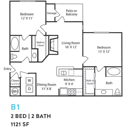 Floor plan for 2 beds, 2 baths, 1121 sqft