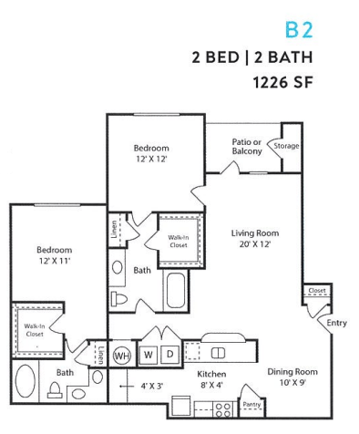 Floor plan for 2 beds, 2 baths, 1226 sqft