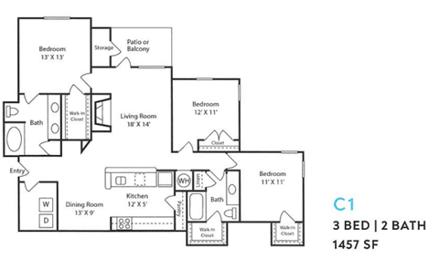 Floor plan for 3 beds, 2 baths, 1457 sqft