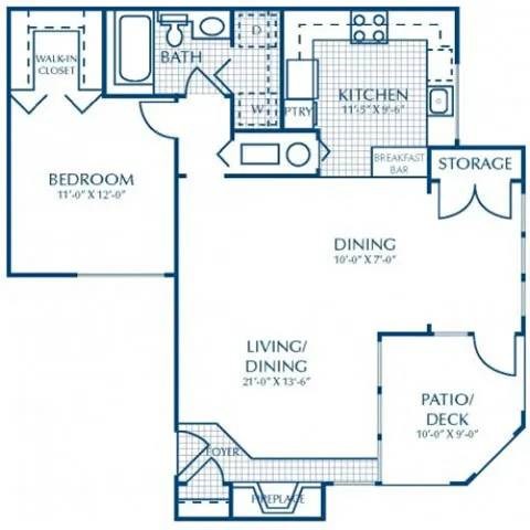 Floor plan for 1 bed, 1 bath, 900 sqft
