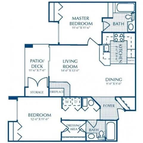 Floor plan for 2 beds, 2 baths, 1100 sqft