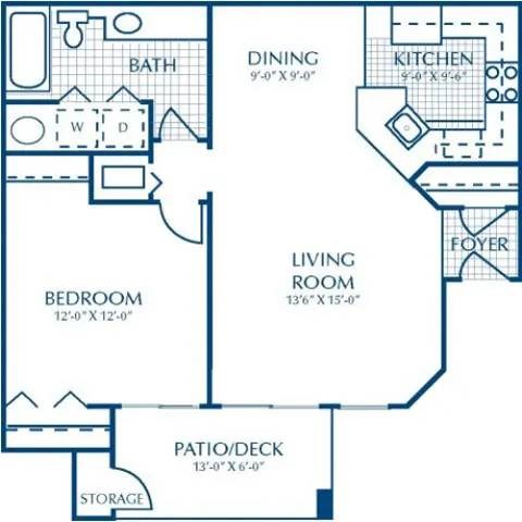 Floor plan for 1 bed, 1 bath, 760 sqft