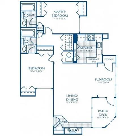 Floor plan for 2 beds, 2 baths, 1250 sqft