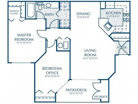 Floor plan for 2 beds, 1 bath, 950 sqft