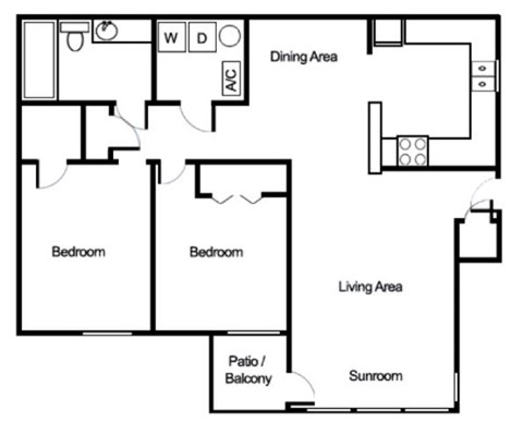 Floor plan for 2 beds, 1 bath, 950 sqft