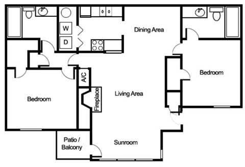 Floor plan for 2 beds, 2 baths, 1076 sqft
