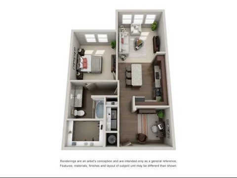 Floor plan for 1 bed, 1 bath, 848 sqft