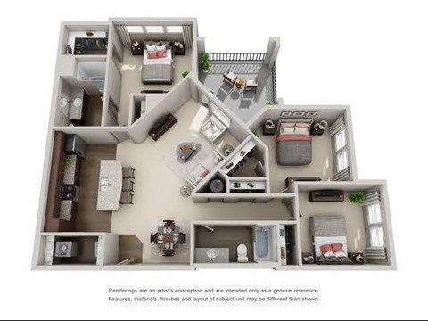 Floor plan for 3 beds, 2 baths, 1382 sqft