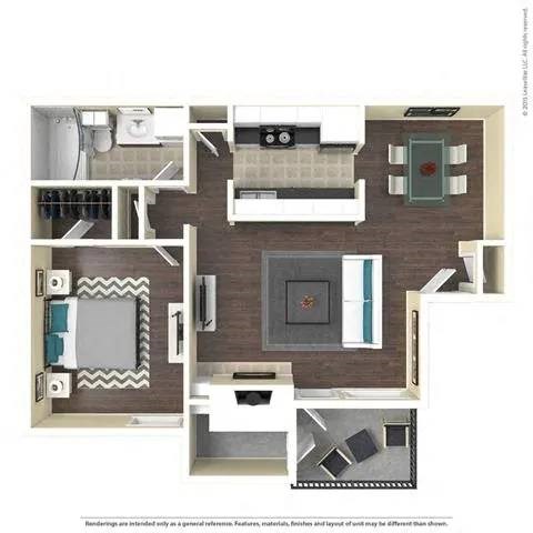 Floor plan for 1 bed, 1 bath, 837 sqft