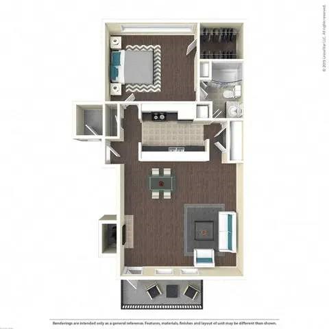 Floor plan for 1 bed, 1 bath, 885 sqft