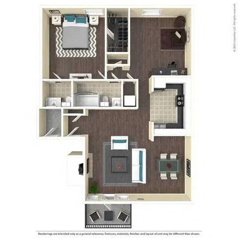 Floor plan for 1 bed, 1.5 baths, 1080 sqft