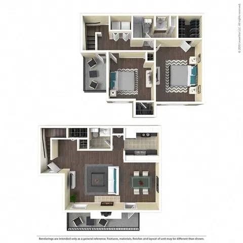 Floor plan for 1 bed, 1.5 baths, 1143 sqft