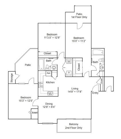 Floor plan for 3 beds, 2 baths, 1424 sqft