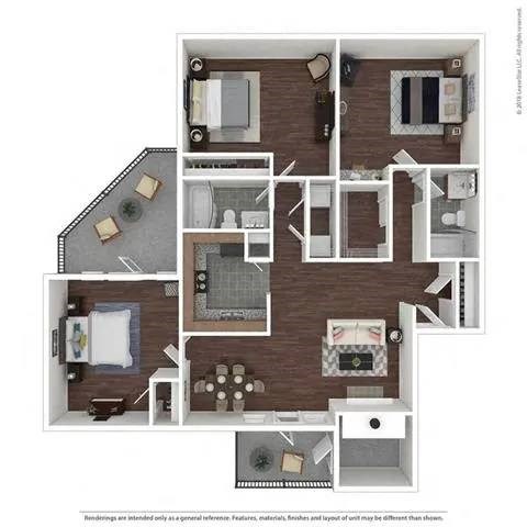 Floor plan for 3 beds, 2 baths, 1424 sqft
