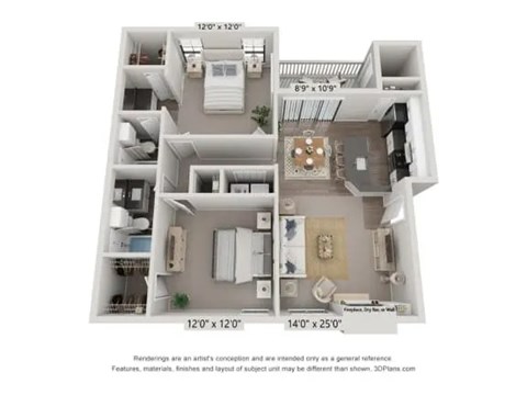 Floor plan for 2 beds, 2 baths, 1000 sqft