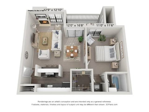 Floor plan for 1 bed, 1 bath, 600 sqft