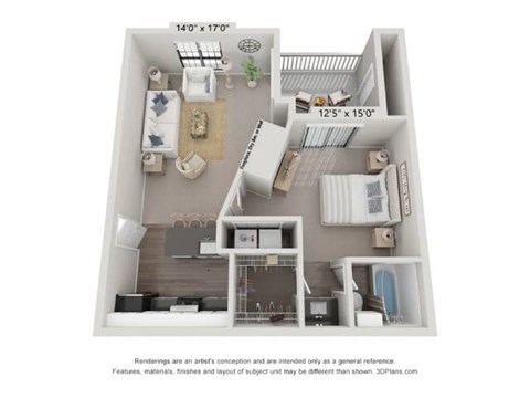 Floor plan for 1 bed, 1 bath, 603 sqft