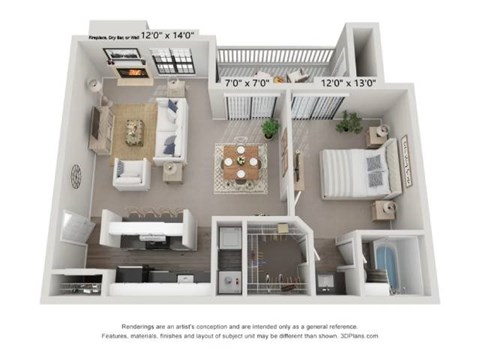 Floor plan for 1 bed, 1 bath, 735 sqft