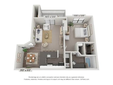 Floor plan for 1 bed, 1 bath, 833 sqft