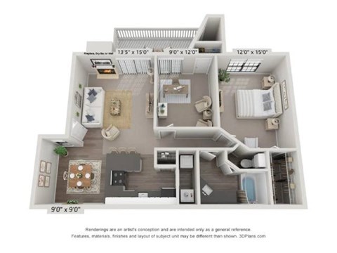 Floor plan for 1 bed, 1 bath, 874 sqft