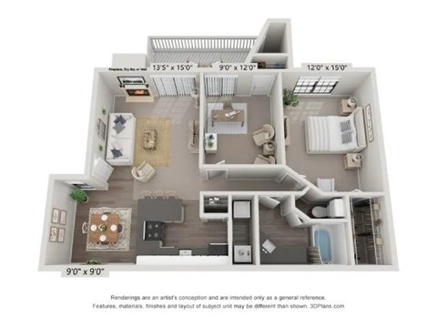 Floor plan for 1 bed, 1 bath, 874 sqft