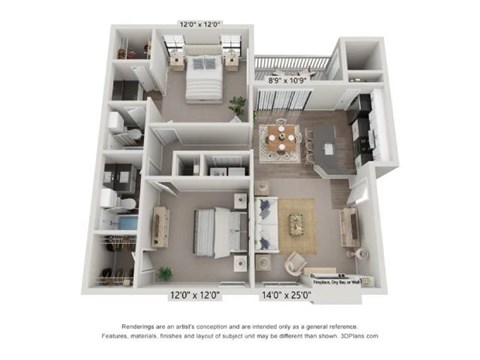 Floor plan for 2 beds, 2 baths, 1000 sqft