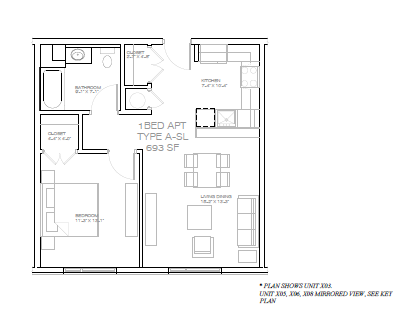 Floor plan for 1 bed, 1 bath, 755 sqft