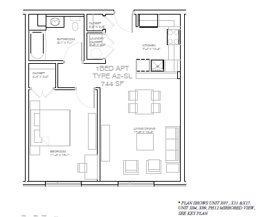 Floor plan for 1 bed, 1 bath, 750 sqft