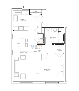Floor plan for 1 bed, 1 bath, 800 sqft