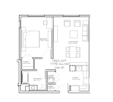 Floor plan for 1 bed, 1 bath, 755 sqft