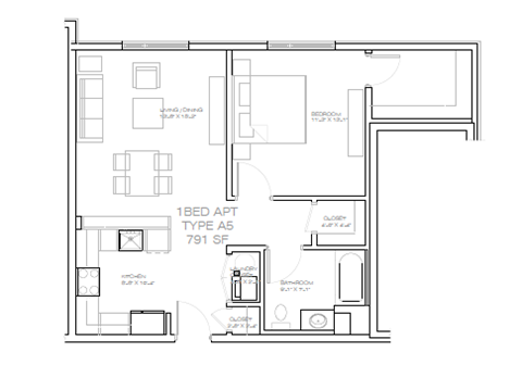 Floor plan for 1 bed, 1 bath, 795 sqft