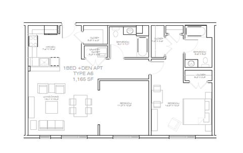 Floor plan for 1 bed, 2 baths, 1170 sqft