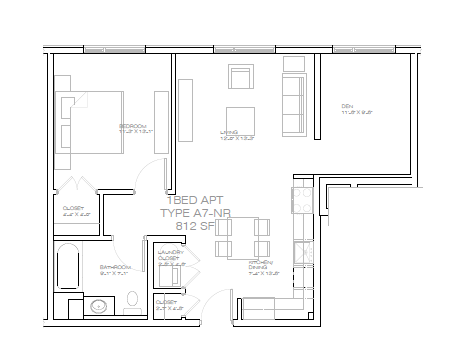 Floor plan for 1 bed, 1 bath, 815 sqft