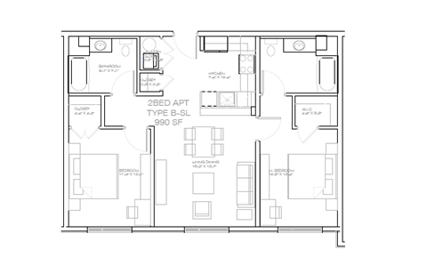 Floor plan for 2 beds, 2 baths, 1000 sqft