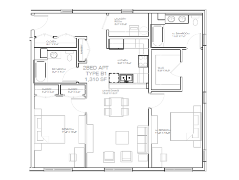 Floor plan for 2 beds, 2 baths, 1310 sqft