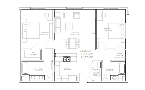 Floor plan for 2 beds, 2 baths, 1170 sqft