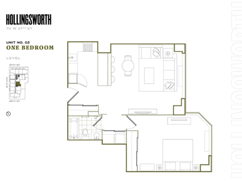 Floor plan for 1 bed, 1 bath, 677 sqft