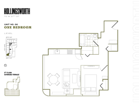 Floor plan for 1 bed, 1 bath, 583 sqft