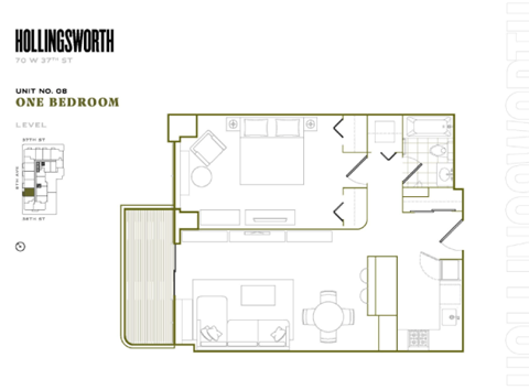 Floor plan for 1 bed, 1 bath, 694 sqft