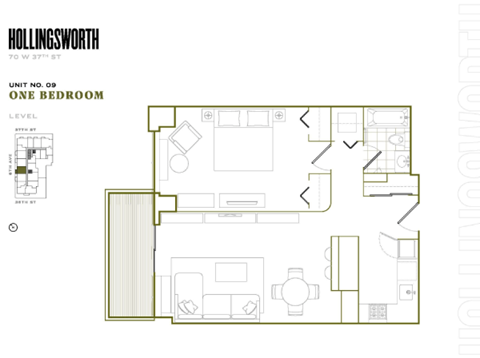 Floor plan for 1 bed, 1 bath, 698 sqft