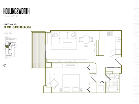Floor plan for 1 bed, 1 bath, 698 sqft
