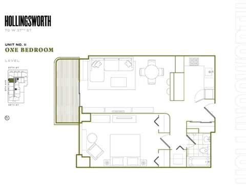 Floor plan for 1 bed, 1 bath, 698 sqft