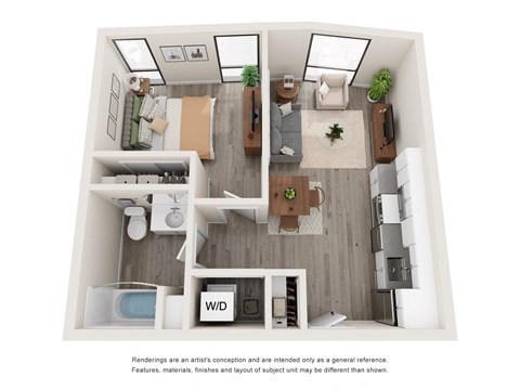 Floor plan for 1 bed, 1 bath, 582 sqft