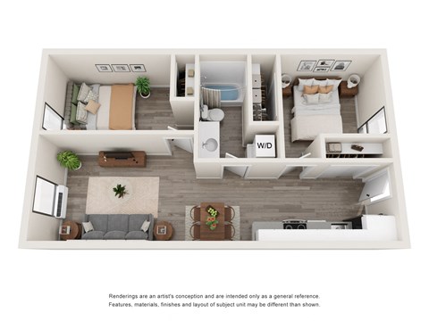 Floor plan for 2 beds, 1 bath, 709 sqft