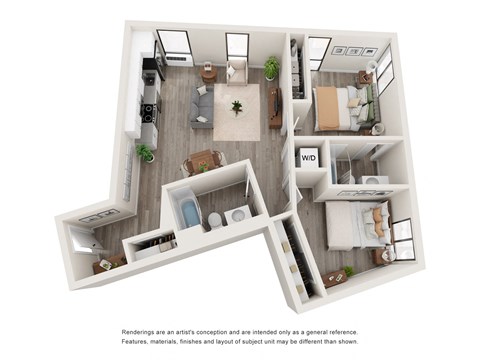 Floor plan for 2 beds, 2 baths, 750 sqft