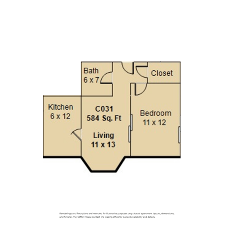 Floor plan for 1 bed, 1 bath, 560 sqft