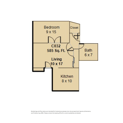 Floor plan for 1 bed, 1 bath, 490 sqft