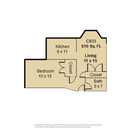 Floor plan for studio, 1 bath, 505 sqft