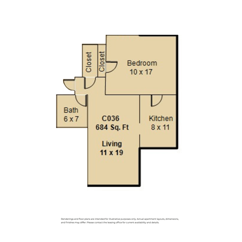 Floor plan for 1 bed, 1 bath, 595 sqft